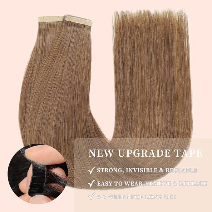 Tape in Hair Extensions Human Hair Medium Brown Remy Hair Extensions 20pcs 14 Inch Straight Invisible Human Hair Tape in Extensions Skin Weft Tape Extensions Human Hair (10#,14 Inch)