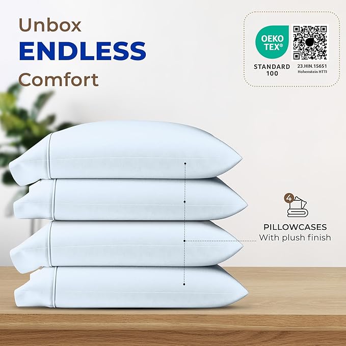 THREAD SPREAD 100% Egyptian Cotton Pillow Cases King - High Thread Count Pillowcases King Size Pack of 2, Cooling & Breathable Extra Long Staple Sateen Weave Cotton Pillow Covers for Bed - Light Blue