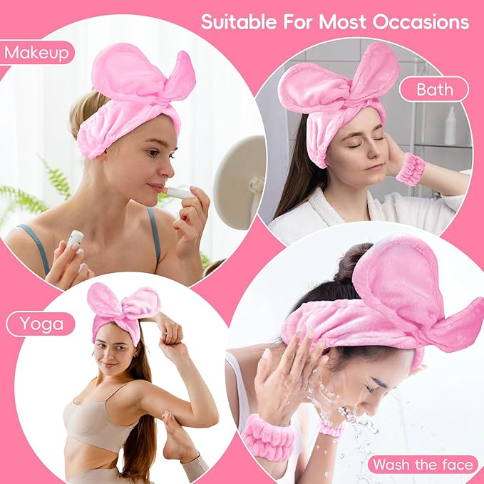 Hair Band for Washing Face, Adjustable Skincare Spa Headband and Wristband Set for Women Girl, Makeup Hair Headbands Cute Pink Versatile Fun Gift for Friend