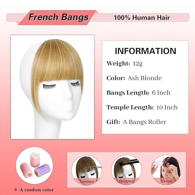 NAYOO Bangs Hair Clip in Bangs 100% Real Human Hair Extensions French Bangs Clip on Air Bangs for Women Hairpieces Curved Bangs for Daily Wear（Ash Blonde）