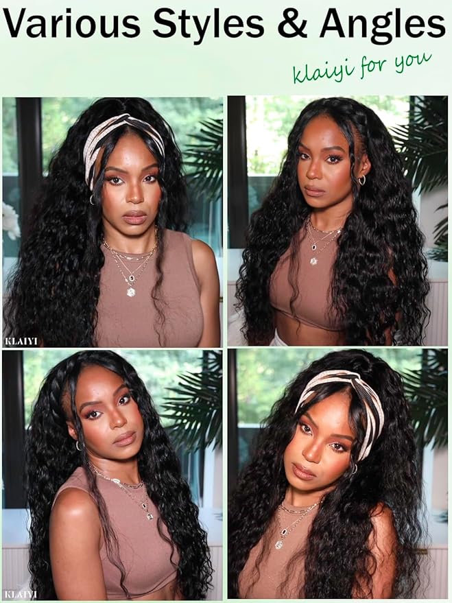 KLAIYI Water Wave 3 In 1 Flip Over 3/4 Half Wig Human Hair Curly Flip Over Seamless Blend Edges Glueless Wear and Go Drawstring Headband Clip In Wigs for Women Ready to Go Wig Beginner Friendly 22Inch