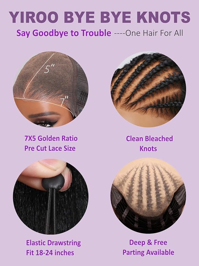 YIROO Bye Bye Knots Glueless Water Wave and Jerry Curly Drawstring Wig Human Hair, 7x5 Pre Cut Lace Front Glueless Wigs Pre Bleached Pre Plucked Wear and Go Wig for Women 150% Density 24Inch