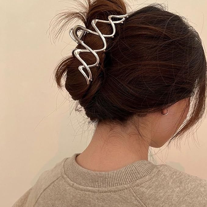 Silver Metal Wavy Hair Clip, 1Pcs 4.52Inch Wave Hair Clip for Thick Hair, Non-Slip Strong Hold Grip Hair Jaw Clip, Ideal for All Occasions