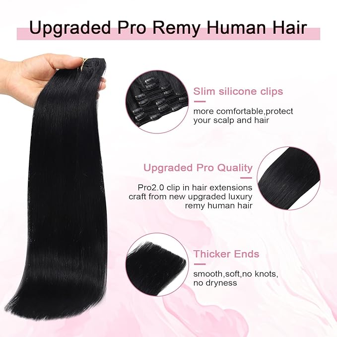 Pro2.0 Clip in Hair Extensions Real Human Hair 22inch 7pcs #1 Jet Black Remy Real Hair Extensions Clip in Human Hair 120g Thick Seamless Double Weft for Women（#1-22inch）