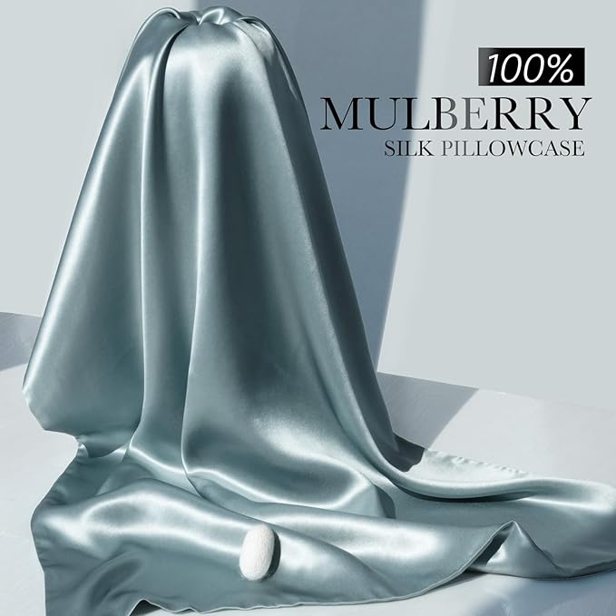 100% Mulberry Silk Pillowcase for Hair and Skin, 22 Momme Pure Natural Silk Pillow Case Both Sided with Zipper, Pillow Cover for Women Mom Men (Airy Blue, Standard 20''×26'', 1 Pack)