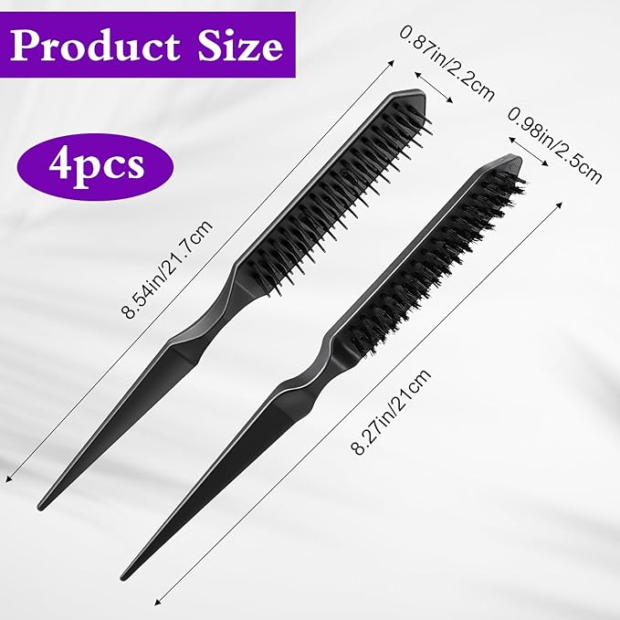 Sibba 4PCS 3 Row Teasing Brush Rat Tail Detangling Hairbrush Hair Styling Teasing Comb Boar Bristle Hair Brush Comb Slick Back Brushes for Natural Curly Sectioning Curls Unbraider Volume Parting Combs