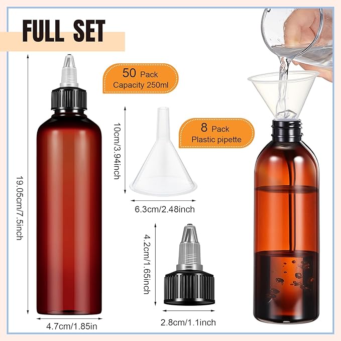 Barydat 50 Pcs 8 oz Squeeze Bottle Twist Top Applicator Bottles Empty Hair Oil Bottle with Funnels Refillable Amber Plastic Bottles for Liquid Hair Oil Shampoo Lotion