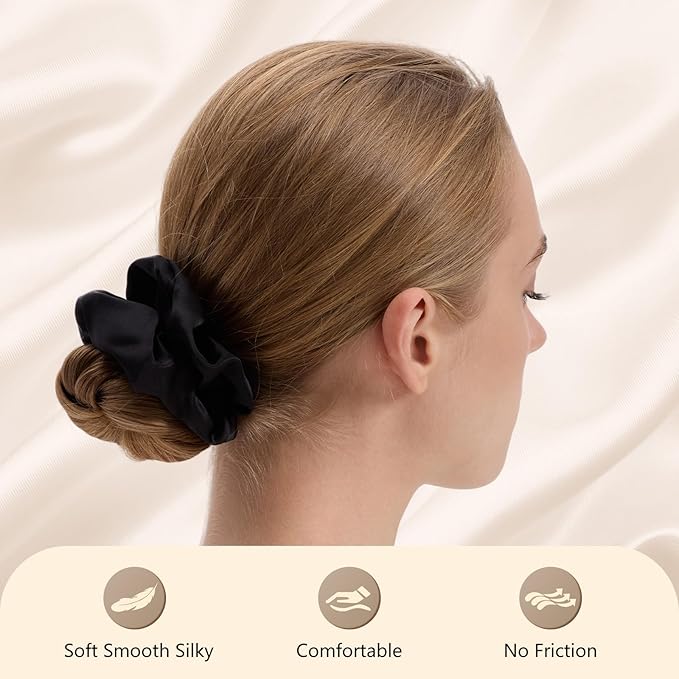 1 Pcs Silk Hair Ties, 22 Momme 100% Mulberry Hair Band, Silk Scrunchies for Women and Girls, 6A Grade No Damage Ponytail Holders (2.4in Width, Black)