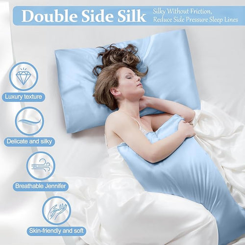 2 Pack 100% Pure Silk Pillowcase for Hair and Skin, Both Sides Mulberry Silk Pillowcases with Hidden Zipper, Cooling Pillowcase 19 Momme, 600 Thread Silk Pillow Cases Queen Size, Light Blue