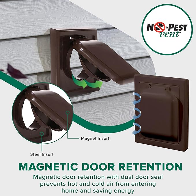 NO-PEST VENT, Exclusive Dual Door Dryer Vent Cover Outdoor 4 inch or Bathroom fan, Made in USA w Highest UV Resistant Plastic in any Outdoor Vent Cover (Brown, 4 inch W/O Duct Tube)