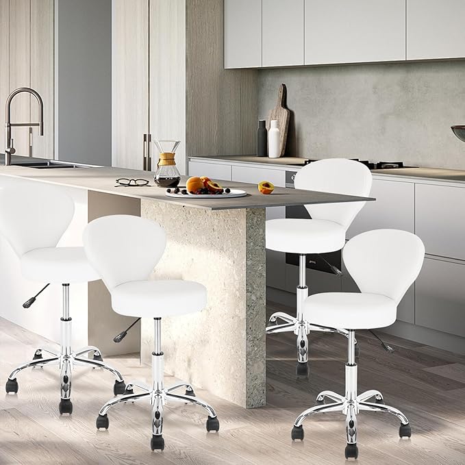 Set of 4 PVC Faux Leather Rolling Swivel Salon Stool Chair with Low Back Support Adjustable Hydraulic Seat Height 22 IN Diameter 15 IN for Office Massage Facial Spa Medical Tattoo White 4 Pack