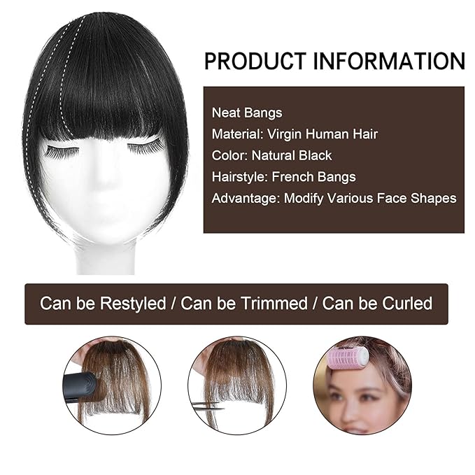 BOGSEA Clip in Bangs 100% Human Hair Bangs with Temples Bangs Hairpieces for Women Clip in Fake Bangs for Daily Wear (Natural Black, French Bangs)