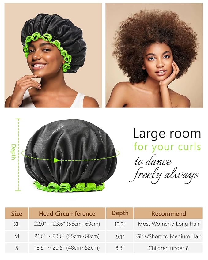 mikimini Black Shower Caps for Small Child 2 Packs, Double Layers Waterproof Bathing Hair Cap with Reusable Soft Comfortable PEVA Lining, Cute, non-fading & Stretchy Shower Hat
