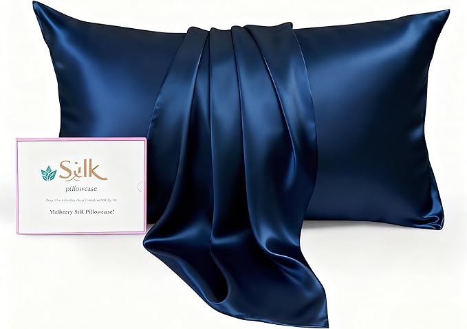 Silk Pillow Cases - 6A Luxury 100% Mulberry Silk Pillowcase for Hair and Skin - Anti-Wrinkle, Cooling & Smooth, Hidden Zipper - Pillowcases for Sleeping Women (Navy Blue, Standard)