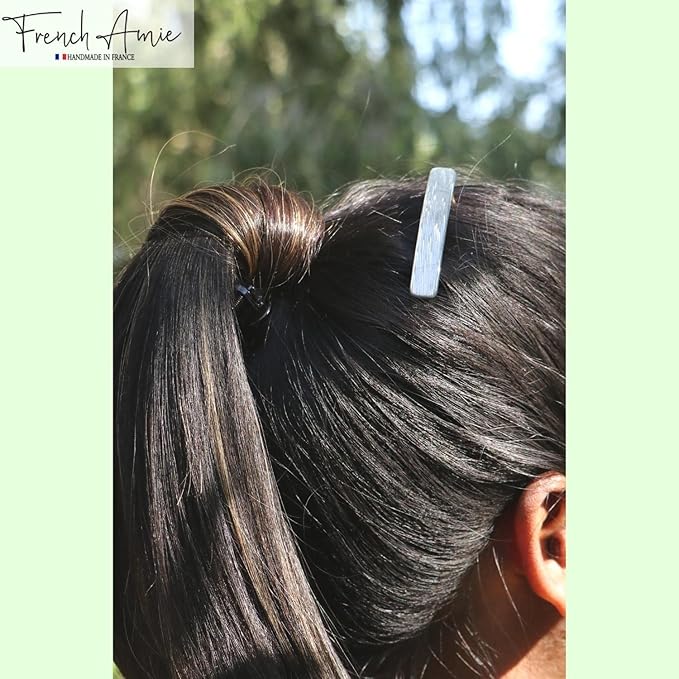 French Amie Small 2 1/4 inch Celluloid Handmade Hair Barrette No Slip Grip Durable Styling Women Hair Accessories Hair Clip for Girls, Made in France(Metallic Grey)