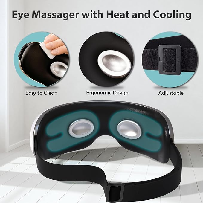 Eye Massager with Heat and Cooling for Migraines, Dry Eyes, Dark Circles, Rechargeable Bluetooth Music Cold Heated Eye Massager Improve Sleeping - Gifts for Women and Men (White)