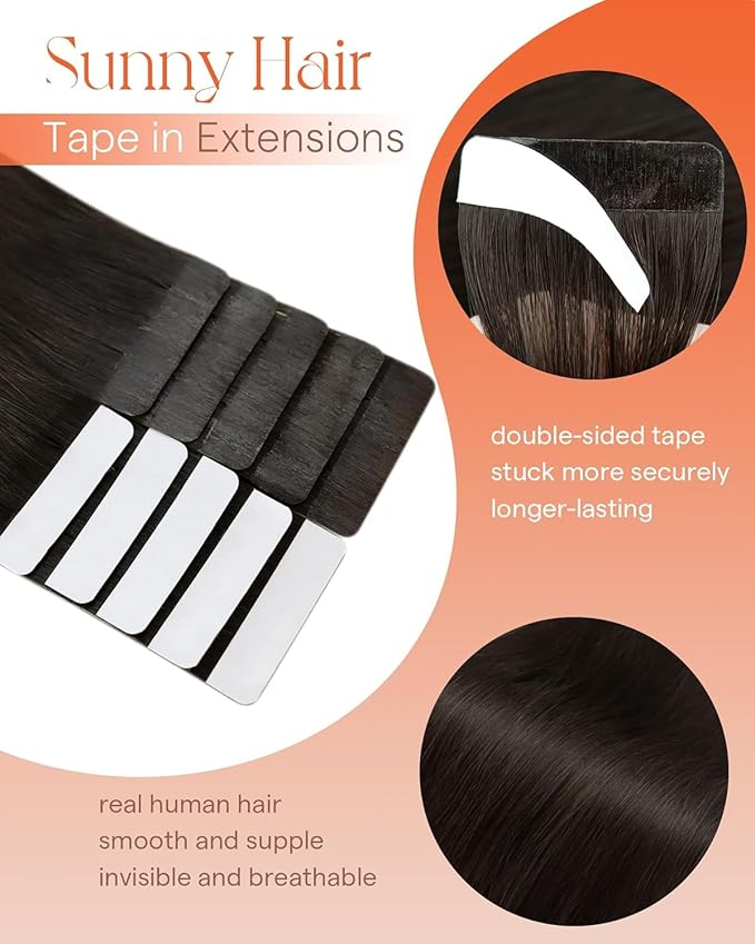 Sunny Hair Tape in Hair Extensions Real Human Hair Invisible Remy Hair Extensions Tape ins for Women Darkest Brown 20 inch 25G