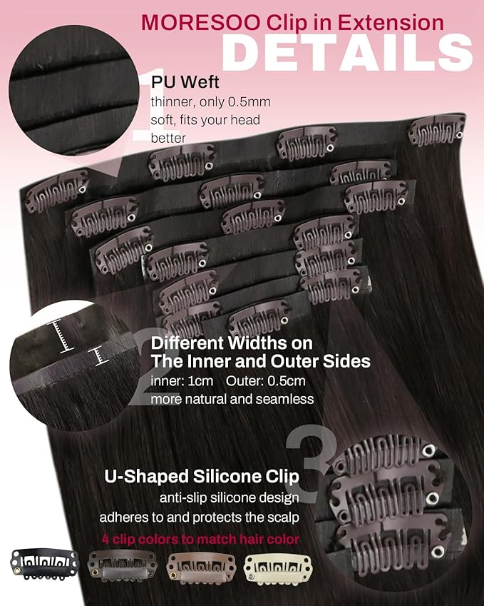 Moresoo Seamless Dark Brown Hair Extensions Clip ins for Thick Hair Invisible Clip in Hair Extensions Human Hair Dark Brown Pu Weft for Women Straight 150g/7pcs 22in