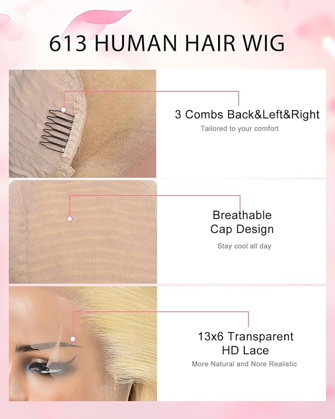 613 13x6 Lace Front Wig Human Hair Straight Blonde Wig Human Hair 613 HD Lace Frontal Wigs 180 Density No Synthetic Blend No Tangle No Shedding Triple Lifespan 3X 100% Real Human Hair 22 Inch