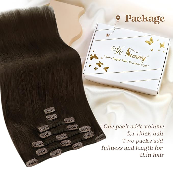 Ve Sunny Clip in Hair Extensions Real Human Hair Brown Hair Extensions Clip ins Human Hair Clip in Extensions Real Hair Extensions Clip in Human Hair 22inch 7pcs 120g