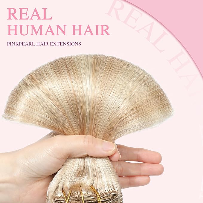PINKPEARL Clip in Hair Extensions #27P60 Caramel Blonde Highlighted Platinum Blonde 120g 7pcs 20 Inch Clip in Hair Extensions Real Human Hair Hair Extension Clip Ins(#27P60-20)
