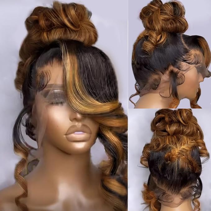 200% Density Full 360 Lace Front Wigs Human Hair For Women Ombre Lace Front Wig Human Hairs Glueless Wigs With Baby Hair Highlight Body Wave Lace Ombre Wig(24 Inch)