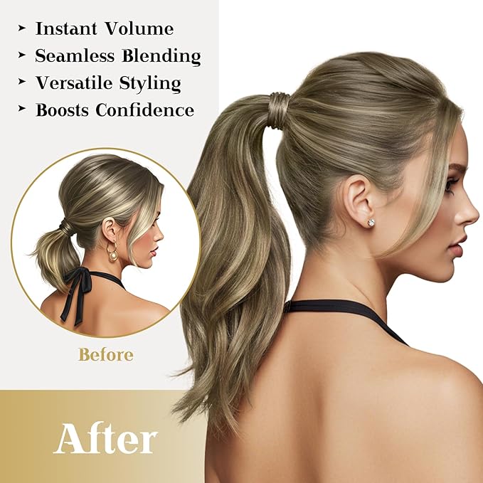 Ve Sunny Hair Extensions Ponytail Real Human Hair Wrap Around Clip in Ponytail Hair Extensions Straight Extensions Human Hair for Women Walnut Brown Ombre Light Brown Balayage Blonde 20inch 80G