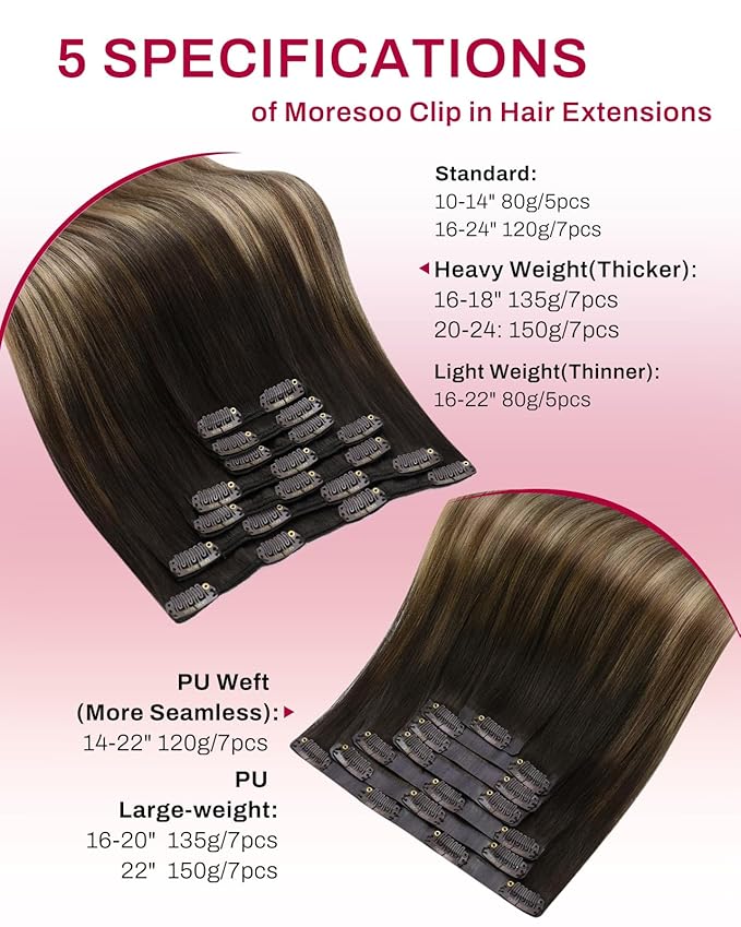 Moresoo Clip in Hair Extensions Balayage Dark Brown to Dark Ash Blonde with Dark Blonde Ombre Double Weft Real Human Hair Extensions Clip ins 7pcs/135g 18inch