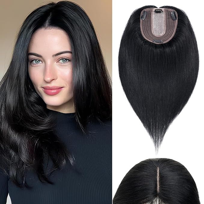 Rich Choices Hair Toppers for Women Real Human Hair 100% Human Remy Toppers NO Bangs for Women with Thinning on Top Clip in Hairpiece 4"x4.7"Lace Base 12 Inch #1 Jet Black