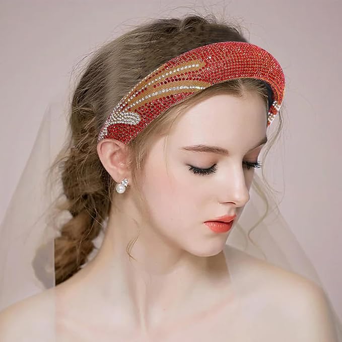 Fashion Wide Headband for Women Sparkle Red Rhinestone Headbands Dressy Glitter Headband Comfortable High Elastic Head Band Hairband Hair Hoop Hair Accessories for Women