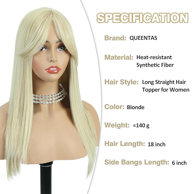 QUEENTAS 18" Blonde Hair Topper for Women with Thinning Hair Pieces 6"*6.2"Large Coverage 360°3D Cover Synthetic Long Straight with 5 Clips in Wiglets(Blonde)