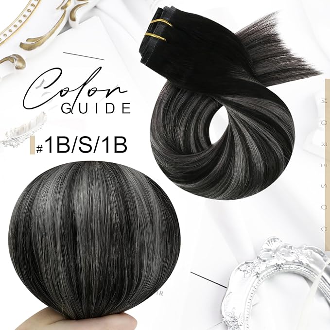 Moresoo Seamless Clip in Hair Extensions Human Hair Black And Grey Silver Ombre Human Hair Extensions Clip ins Long for Women Pure Weft Invisible 120g/7pcs 22 inch