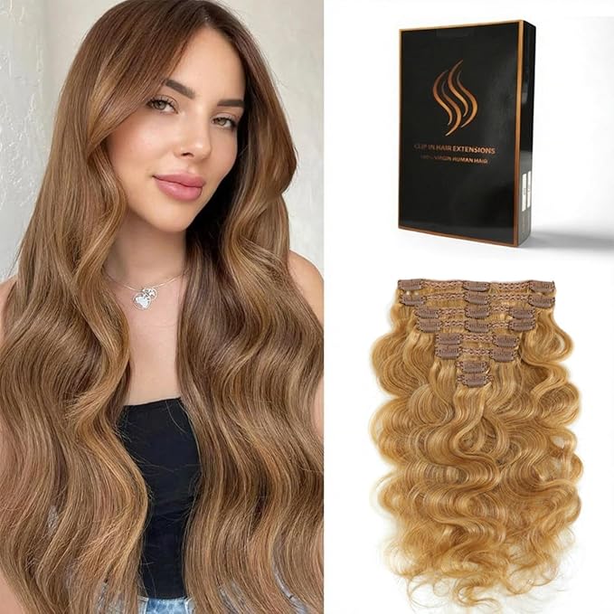Clip in Hair Extensions Real Human Hair Body Wave 27 Honey Blonde Clip in 100% Brazilian Remy Human Hair Extensions 8pcs Per Set with 18 Clips Double Weft 24 Inch 120g/3.6oz