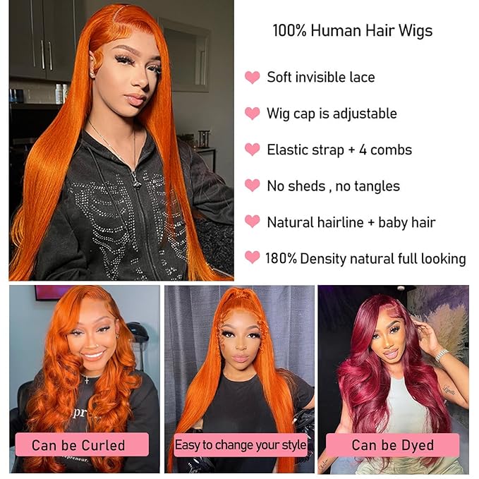 Ginger Orange Lace Front Wigs Human Hair 13x4 HD Transparent Straight Ginger Wig Human Hair Glueless Wigs Pre Plucked With Baby Hair 350 Colored 180% Density Ginger Wig 22 inch