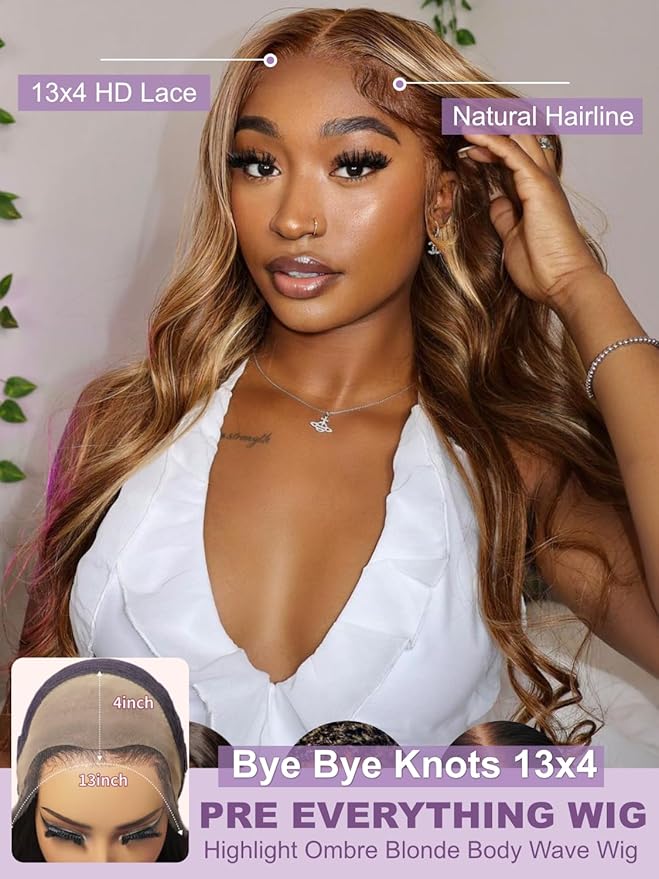 YIROO Pre Everything Wig Honey Blonde 13X4 Pre Cut Lace Front Glueless Human Hair Wigs Body Wave Brown Blonde Highlight Ombre Pre Bleached Invisible Bye Bye Knots Wig Pre Plucked 150% Density 26Inch