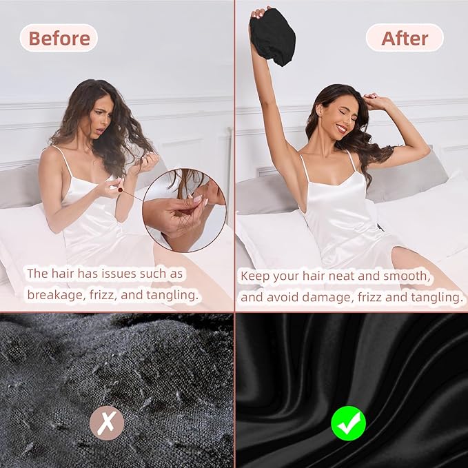 Adjustable Silk Satin Hair Bonnet for Sleeping Women, Double Layer, Silk Hair Wrap for Sleeping Women Men, Curly Natural Braid Straight Unisex - Black