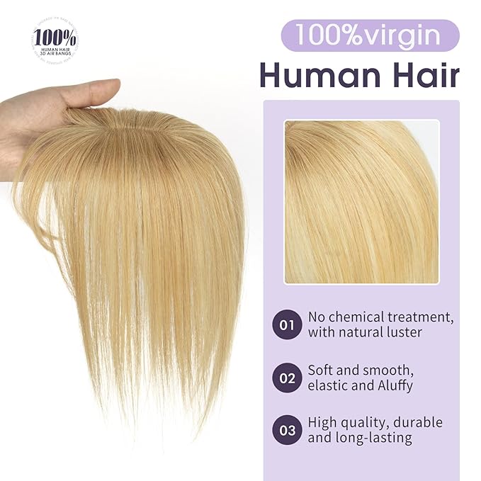 Human Hair Topper with Bangs – 100% Real Remy Hair Topper for Women, Thin Skin Base & Natural Hairline for Thinning Crown, Clip-In Hairpiece (8inch, Strawberry Blonde)