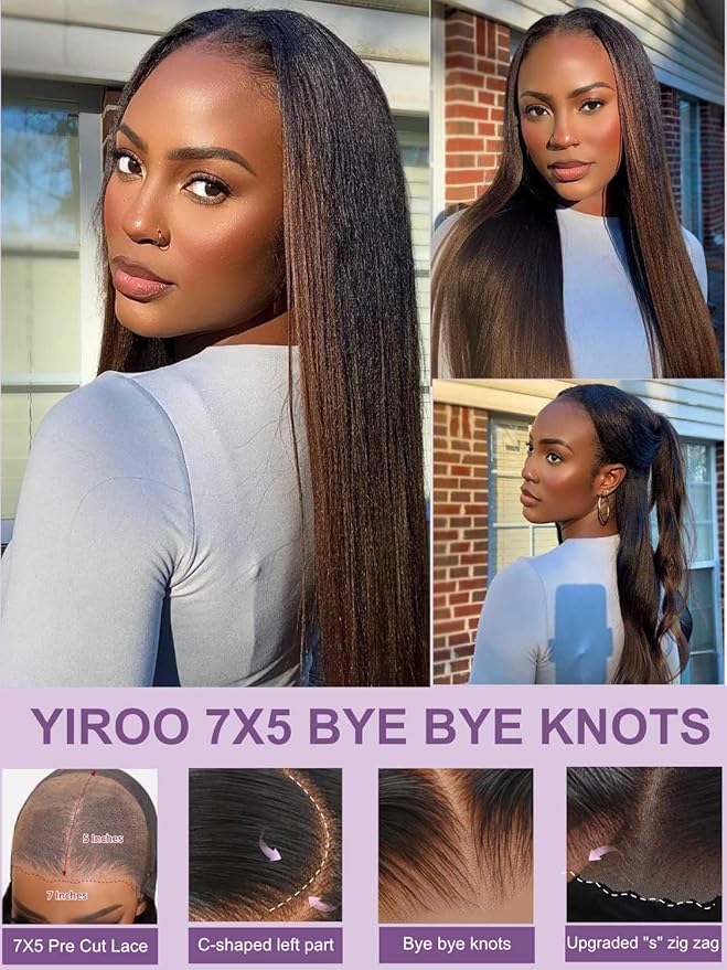 YIROO Bye Bye Knots Chestnut Brown Ombre Light Yaki Straight Wig Human Hair,7x5 Lace Front Glueless Wig with Drawstring,Pre Cut Pre Plucked Pre Bleached Knots Natural Hairline Wig for Women 22Inch