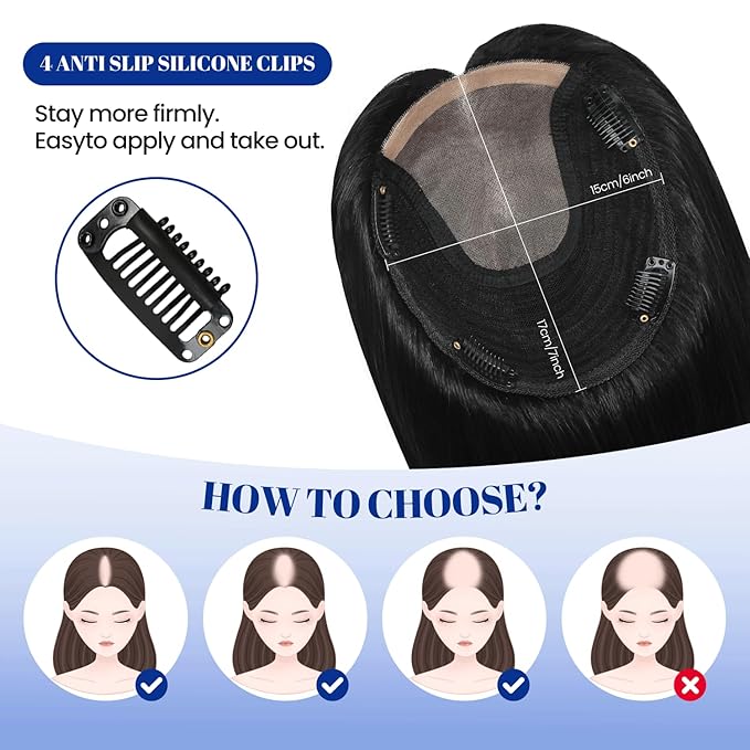 WORLDSTAR Hair Toppers for Women Real Human Hair No Bangs 6 * 7 Inch Base 16 Inch 75g #1 Jet Black 360°3D for Thinning 150% Density Hairpieces Long Coverage Wiglet for Daily Use (tp#1-16