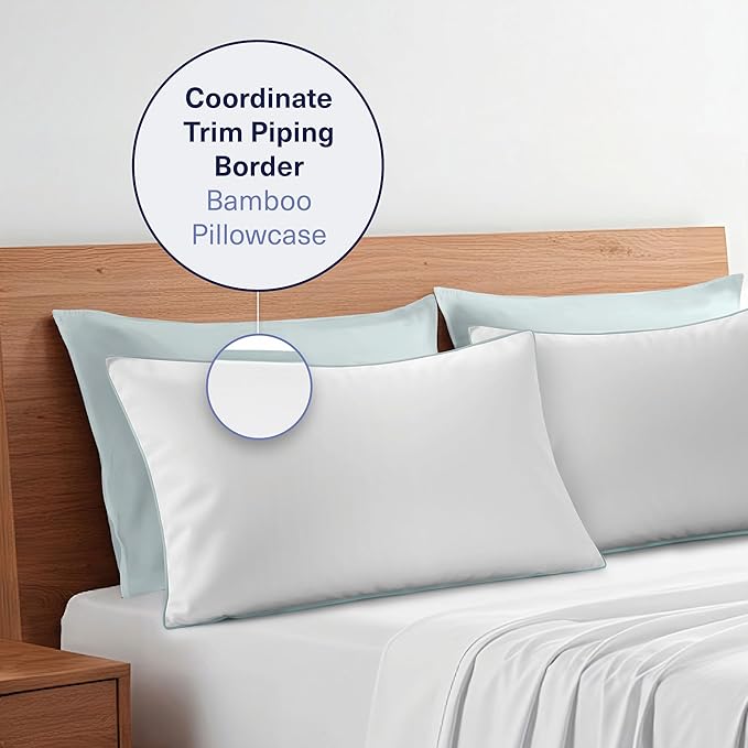 Kickoff Viscose Bamboo Pillowcase, King, Set of 2, 100% Organic Hidden Zippered Viscose Bamboo Pillow Case King Size, Cooling Pillow Cover for Hot Sleepers (20"x40", Trimmed, Coastal Blue)