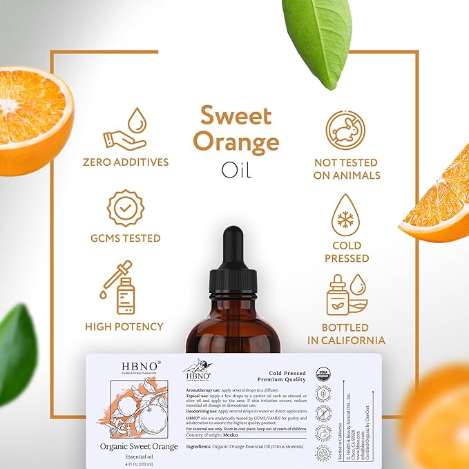 HBNO Organic Orange Essential Oil - Huge 4 oz (120ml) Value Size - USDA Certified Organic Orange Essential Oil, Cold Pressed for Aromatherapy, Soap Making, DIY, Diffuser