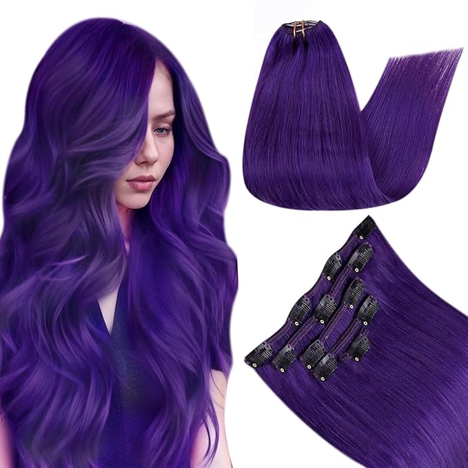 RUNATURE Purple Clip in Hair Extensions Real Human Hair, Straight Clip in Human Hair Extensions, Full Head, Colored Layered Natural Hair, Soft Tangle-free Hair, 16 Inch 70g/5pcs