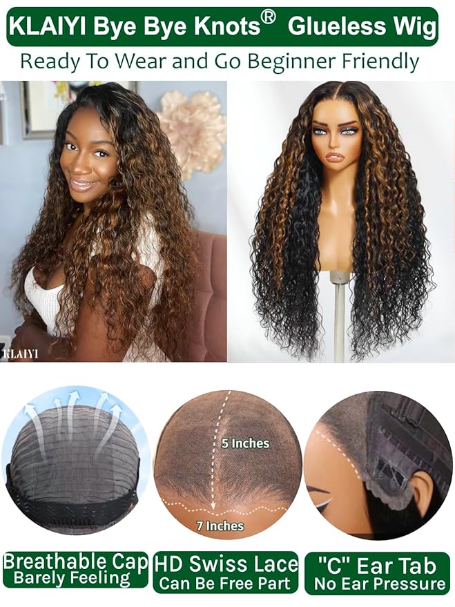 KLAIYI Ombre Brown Water Wave Bye Bye Knots Glueless Wig Human Hair Pre Cut 7x5 Lace Front Wigs Drawstring Pre Plucked Bleached Highlight Balayage Curly Ready to Wear and Go Wig with Dark Roots 26Inch