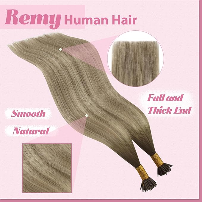 YoungSee Itip Human Hair Extensions Light Brown Ombre I Tip Hair Extensions Human Hair Balayage Light Brown with Blonde I Tip Extension Remy Hair 22 Inch 50g 50s for Wedding