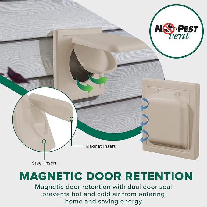 NO-PEST VENT, Exclusive Dual Door Dryer Vent Cover Outdoor 4 inch or Bathroom fan, Made in USA w Highest UV Resistant Plastic in any Outdoor Vent Cover (Tan, 4 inch W/O Duct Tube)