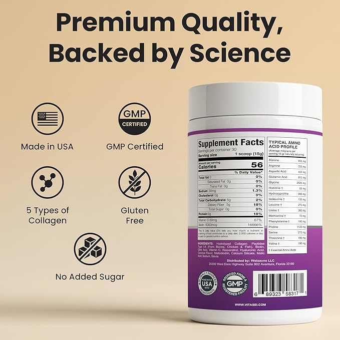 VITASEI Hydrolyzed Collagen Peptides Powder with Resveratrol & Vitamin C – Hair, Skin & Joint Support with Hyaluronic Acid – Colágeno Hidrolizado for Women & Men – Coconut Flavor, 16 oz (30 Servings)