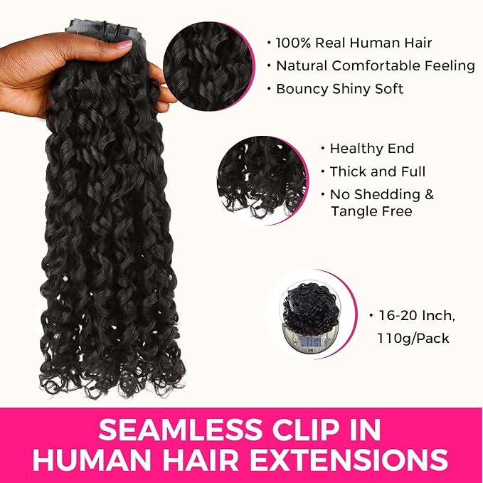 Lashey Seamless Clip in Hair Extensions Human Hair 110g 7pcs Burmese Curly Natural Black 16 Inch Clip ins Hair Extensions with Soft PU Weft for Women