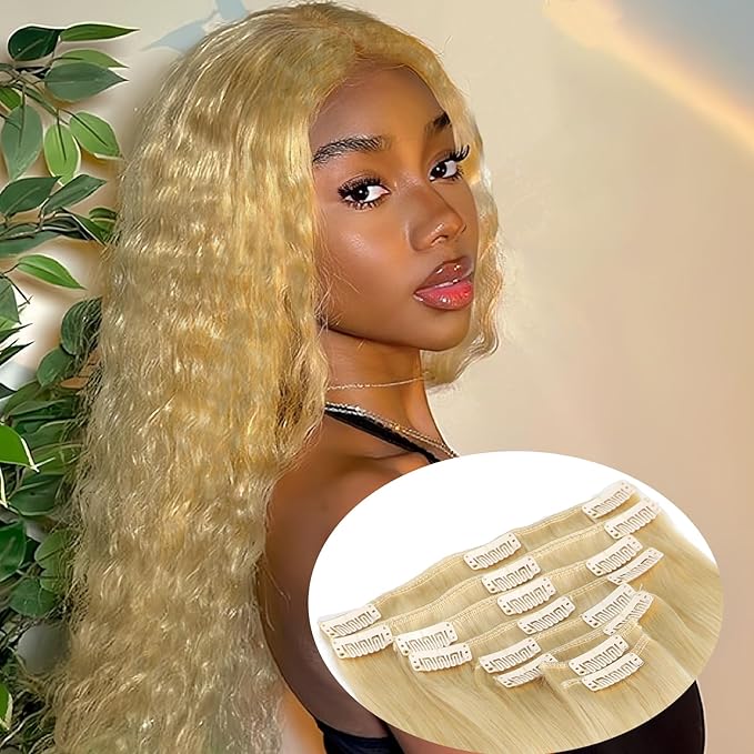 Clip in Hair Extensions Real Human Hair Blonde Kinky Clip in Extensions 8pcs 110g Double Weft Hair Extensions Straight Human Hair Thick End Extensions Human Hair (16inch #613）