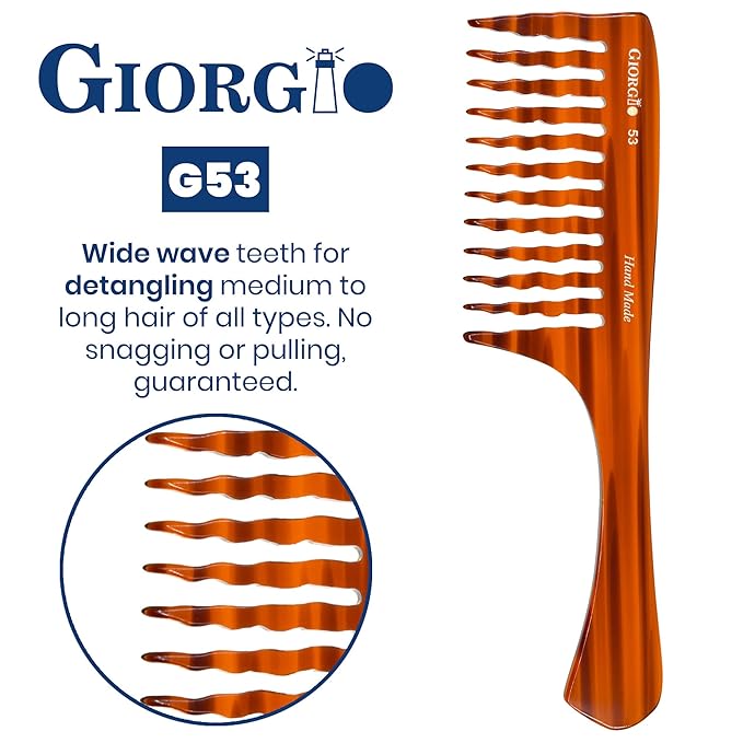 Giorgio G53 Wide Tooth Comb for Curly and Thick Hair - Large Handmade Rake Detangler for Wet or Dry Hair, Hand-Polished (8")