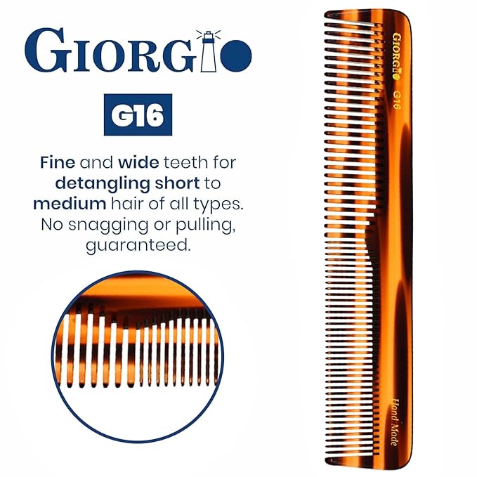 Giorgio G16 Fine Tooth and Wide Tooth Detangler Comb - Hair Comb for Men and for Women, Hair Styling Barber Comb, Beard and Mustache Combs for Men - Saw Cut and Handmade (Tortoiseshell)